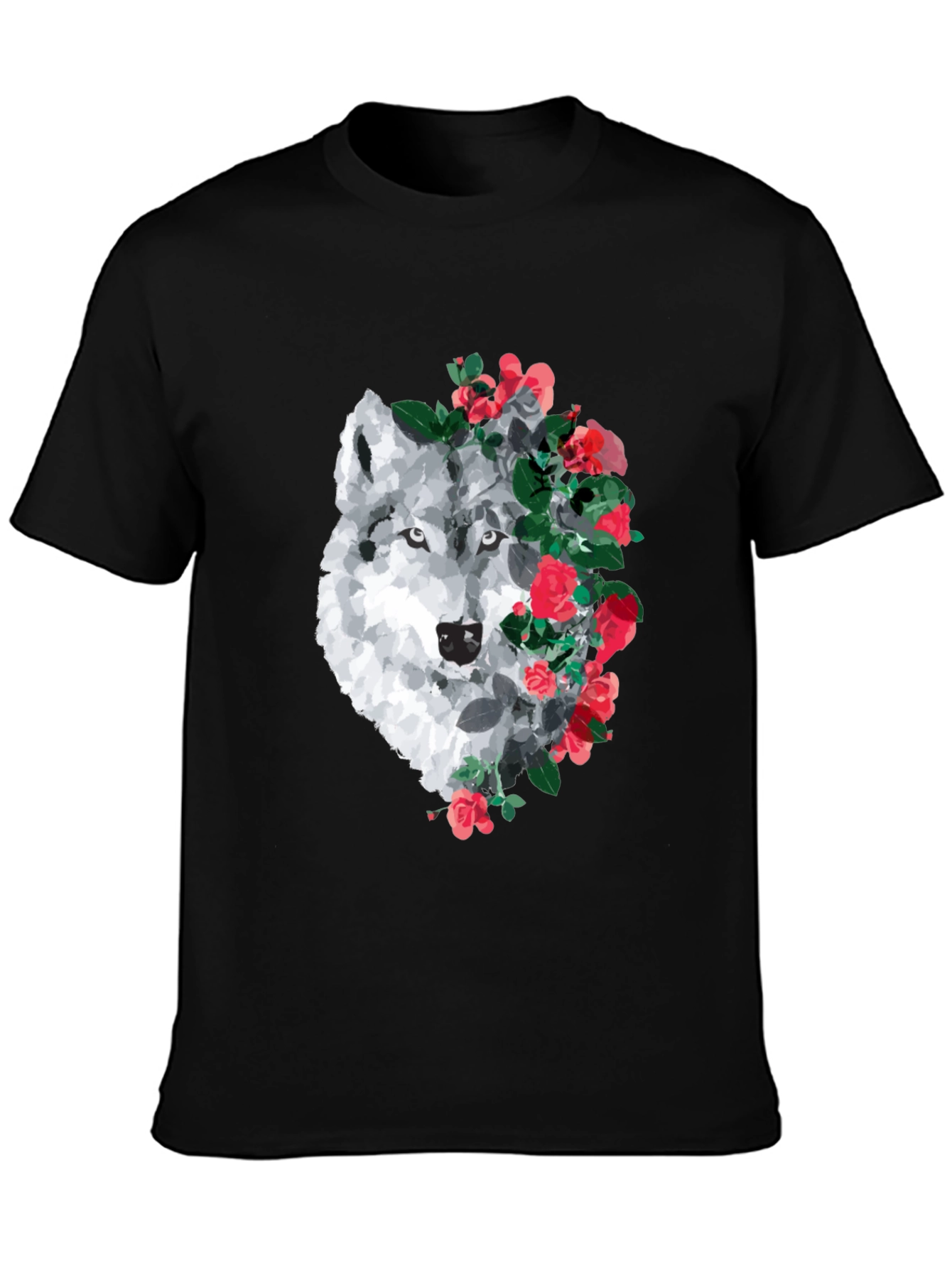 Wolf and Rose Graphic Print T-Shirt - Black
