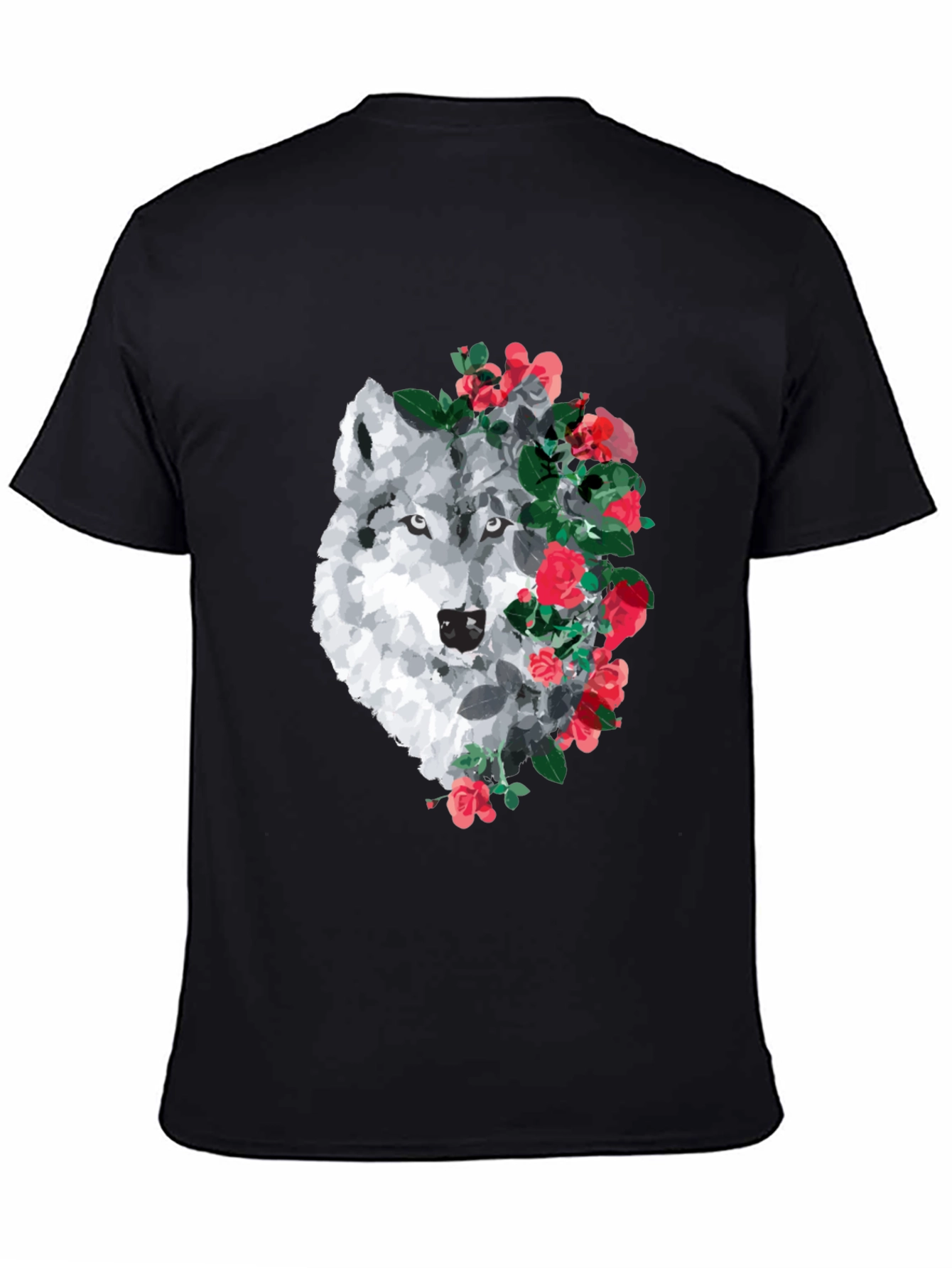Wolf and Rose Graphic Print T-Shirt - Black
