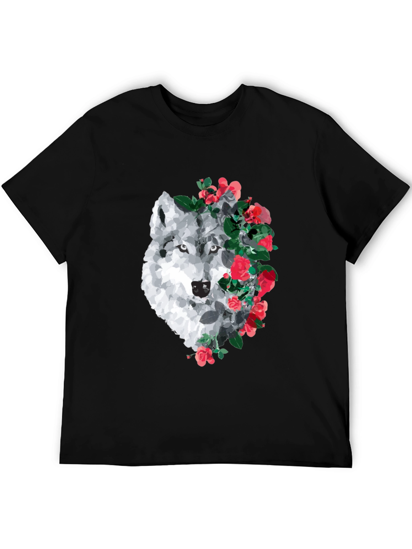 Wolf and Rose Graphic Print T-Shirt - Black