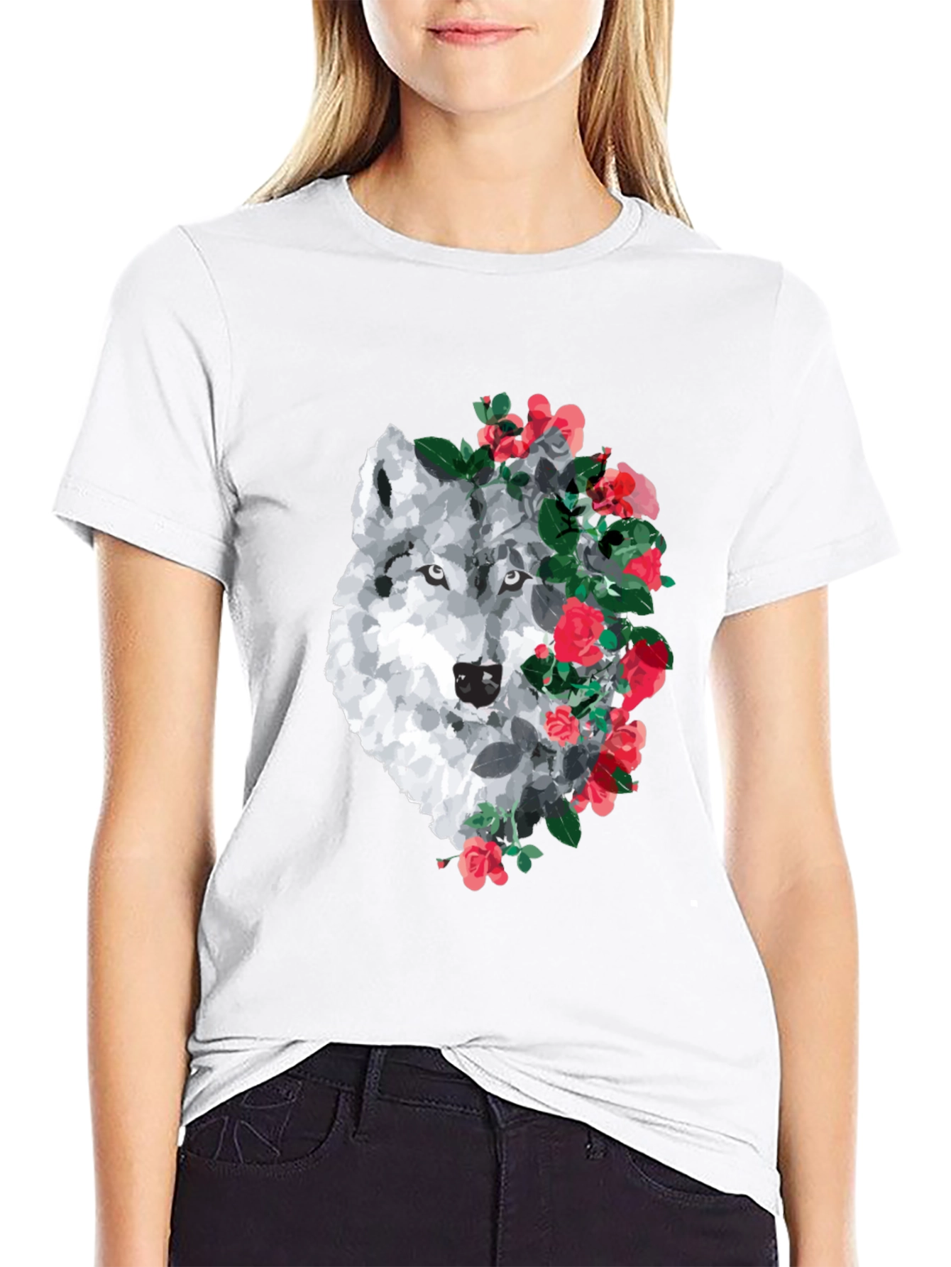 Wolf and Rose Graphic Print T-Shirt - Black
