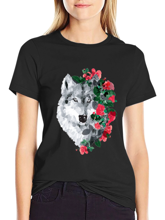 Wolf and Rose Graphic Print T-Shirt - Black
