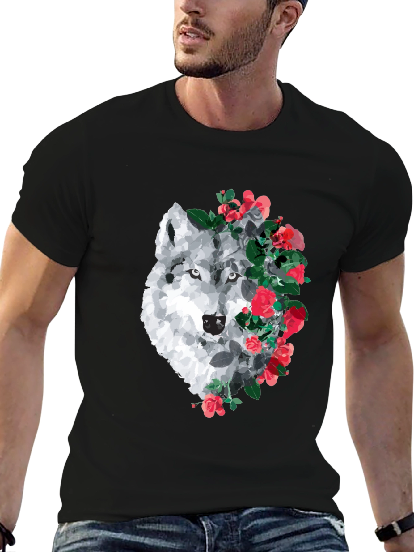 Wolf and Rose Graphic Print T-Shirt - Black