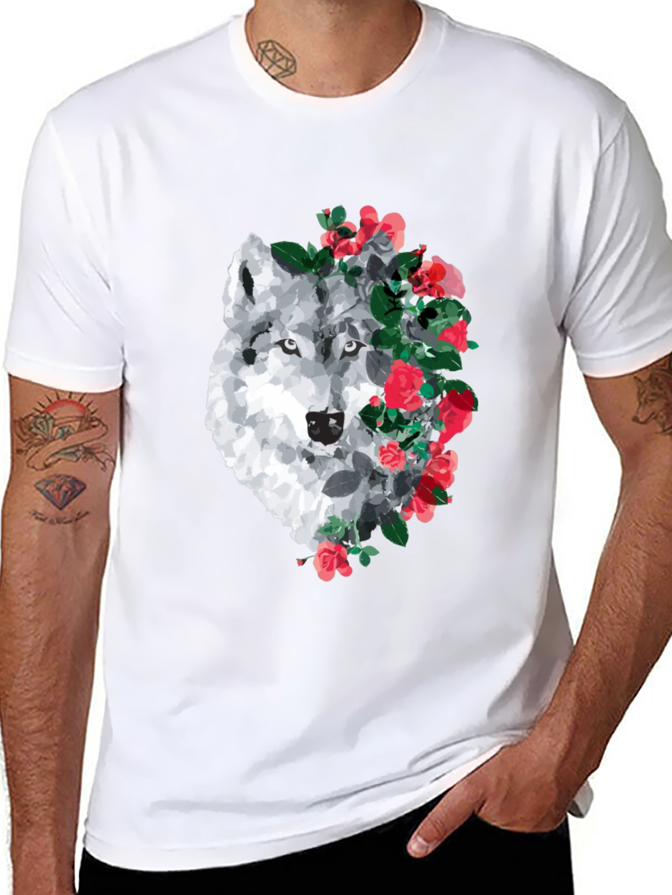 Wolf and Rose Graphic Print T-Shirt - Black