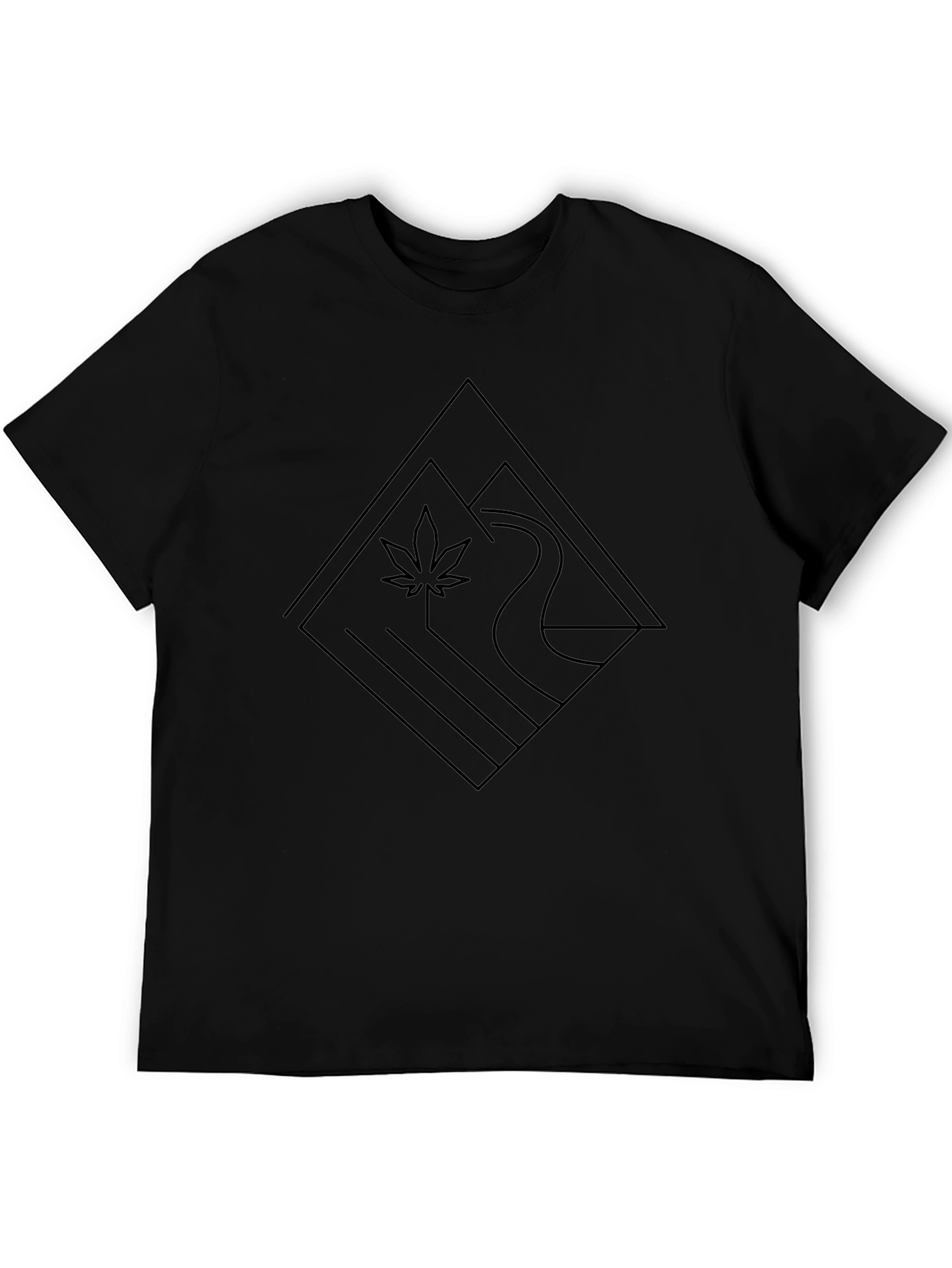 Modern Geometric River & Leaf Black T-Shirt