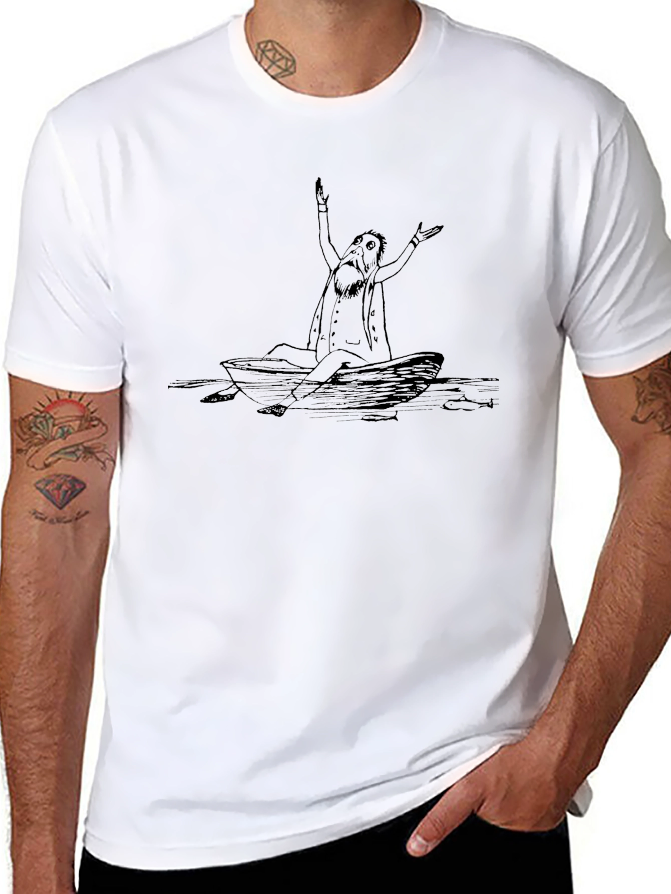 Man in Boat Graphic Tee - Black Cotton T-Shirt