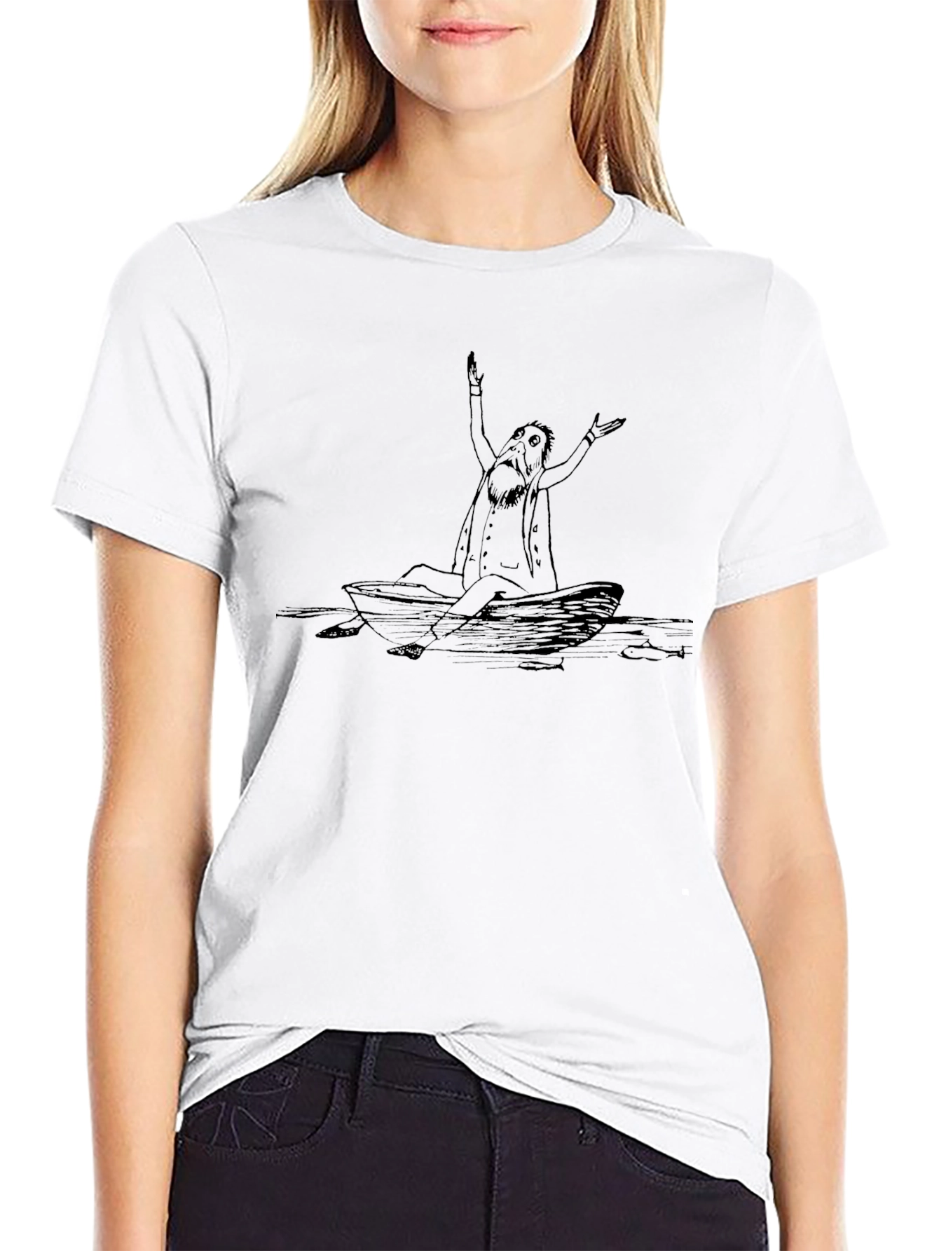 Man in Boat Graphic Tee - Black Cotton T-Shirt