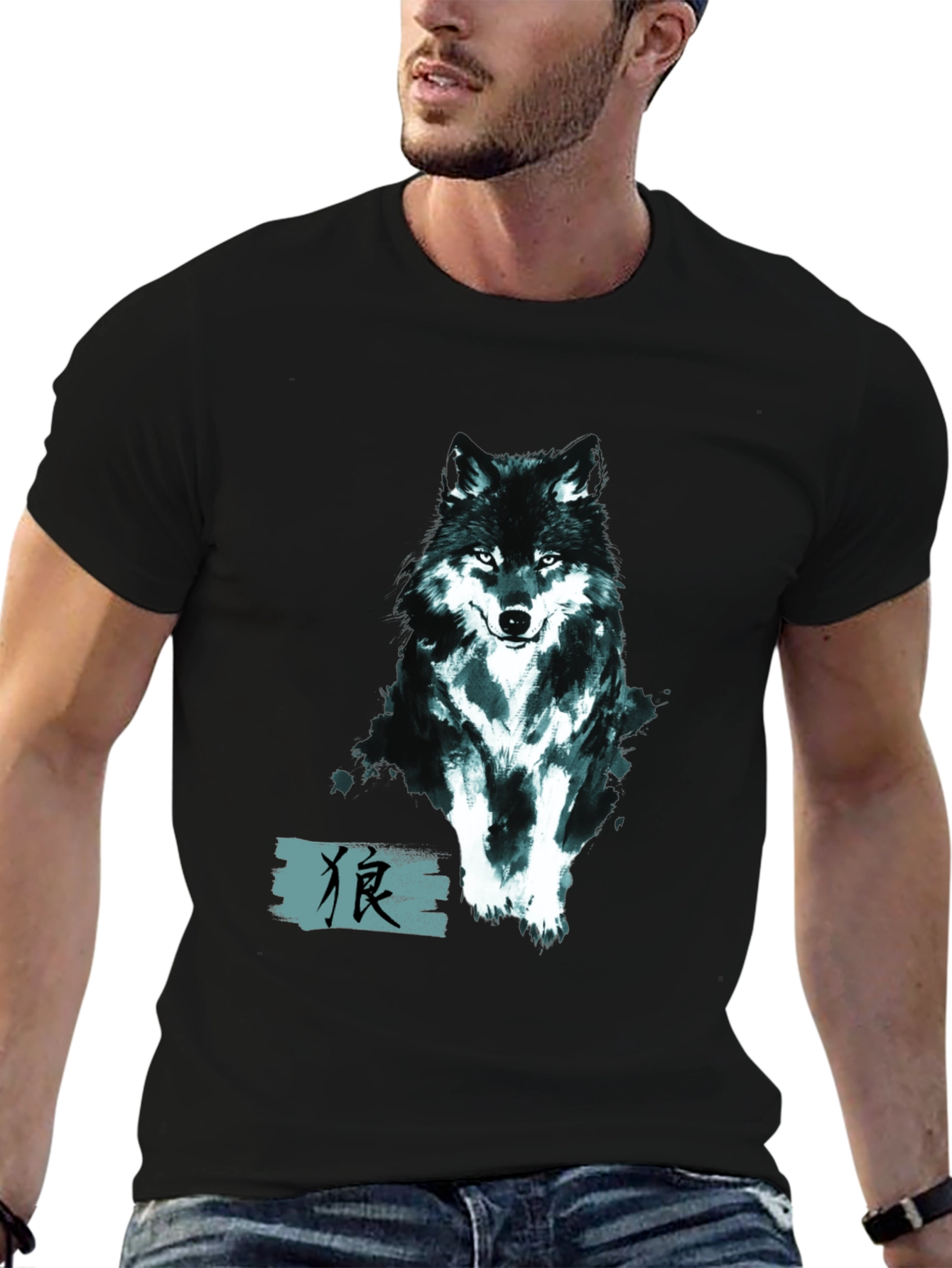 Mens Black Wolf Graphic Print Tee