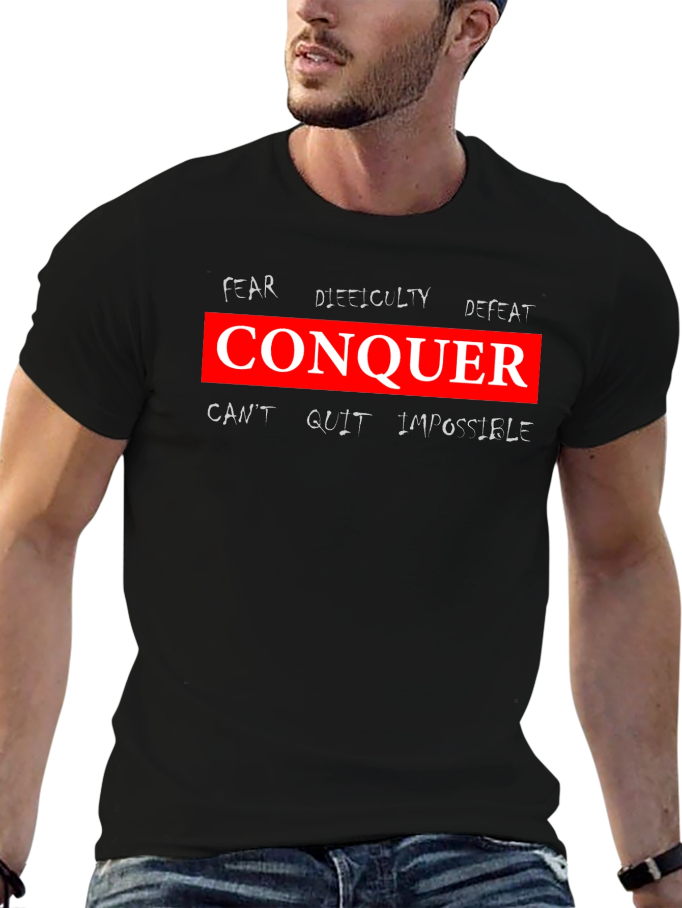 Conquer Graphic Tee - Motivational Black T-Shirt