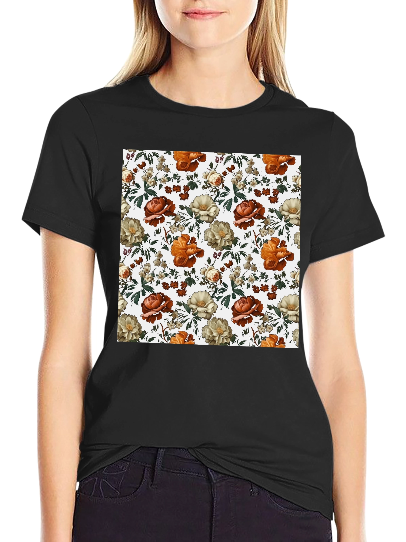Floral Print Tee - Black Cotton Blend