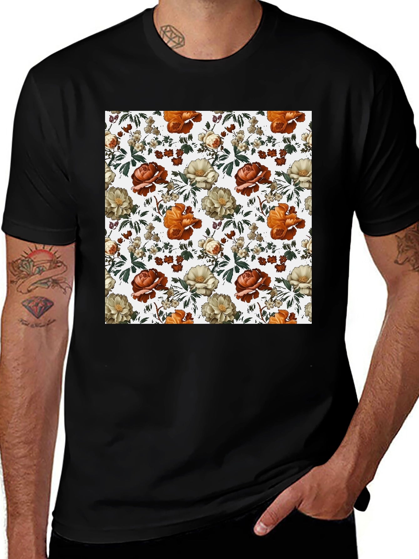 Floral Print Tee - Black Cotton Blend