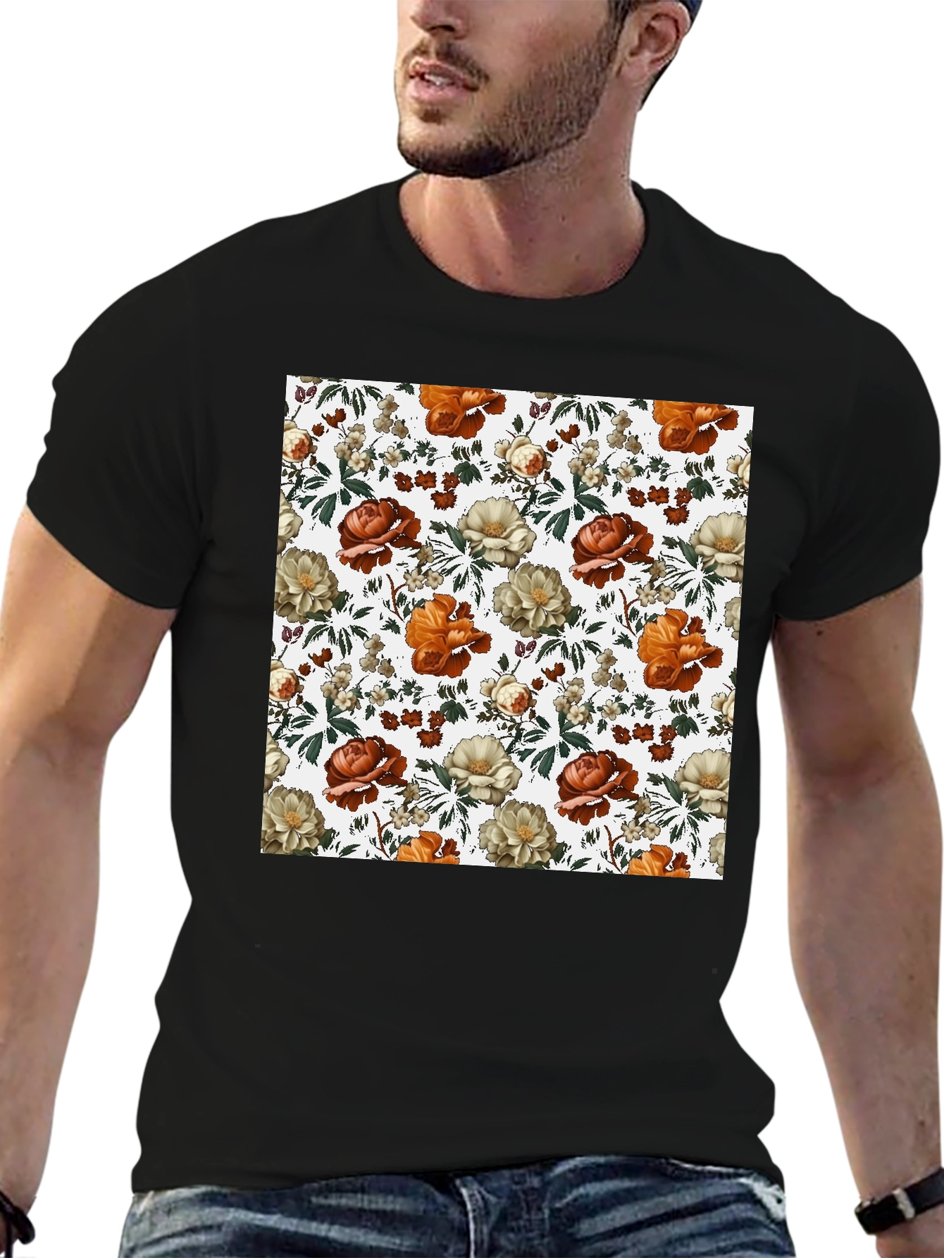 Floral Print Tee - Black Cotton Blend