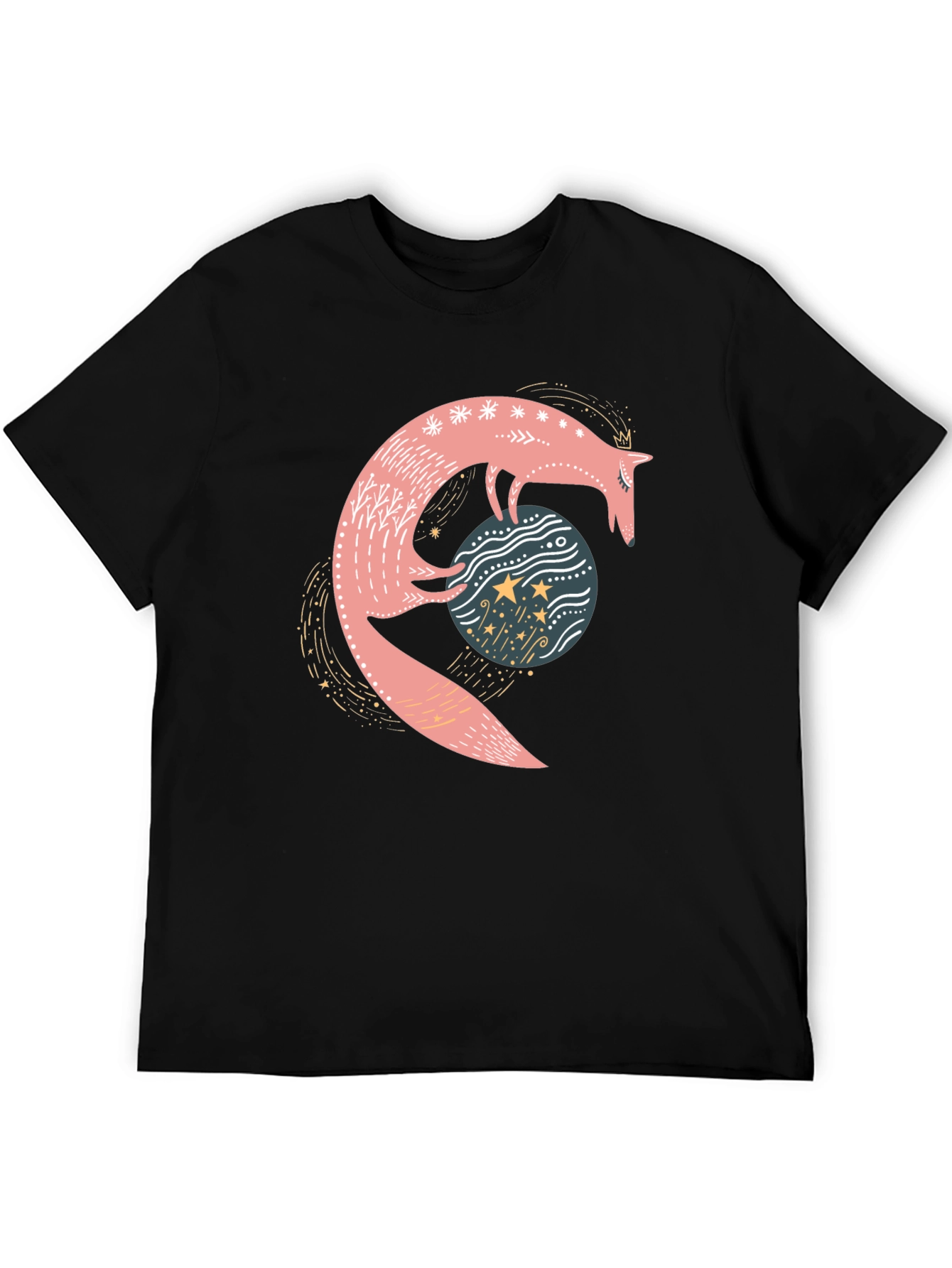 Whimsical Fox & Planet Black T-Shirt