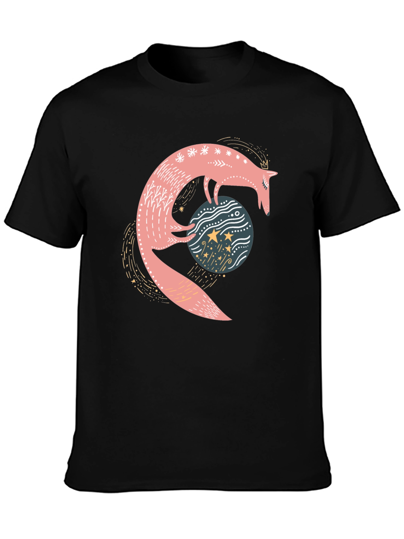 Whimsical Fox & Planet Black T-Shirt