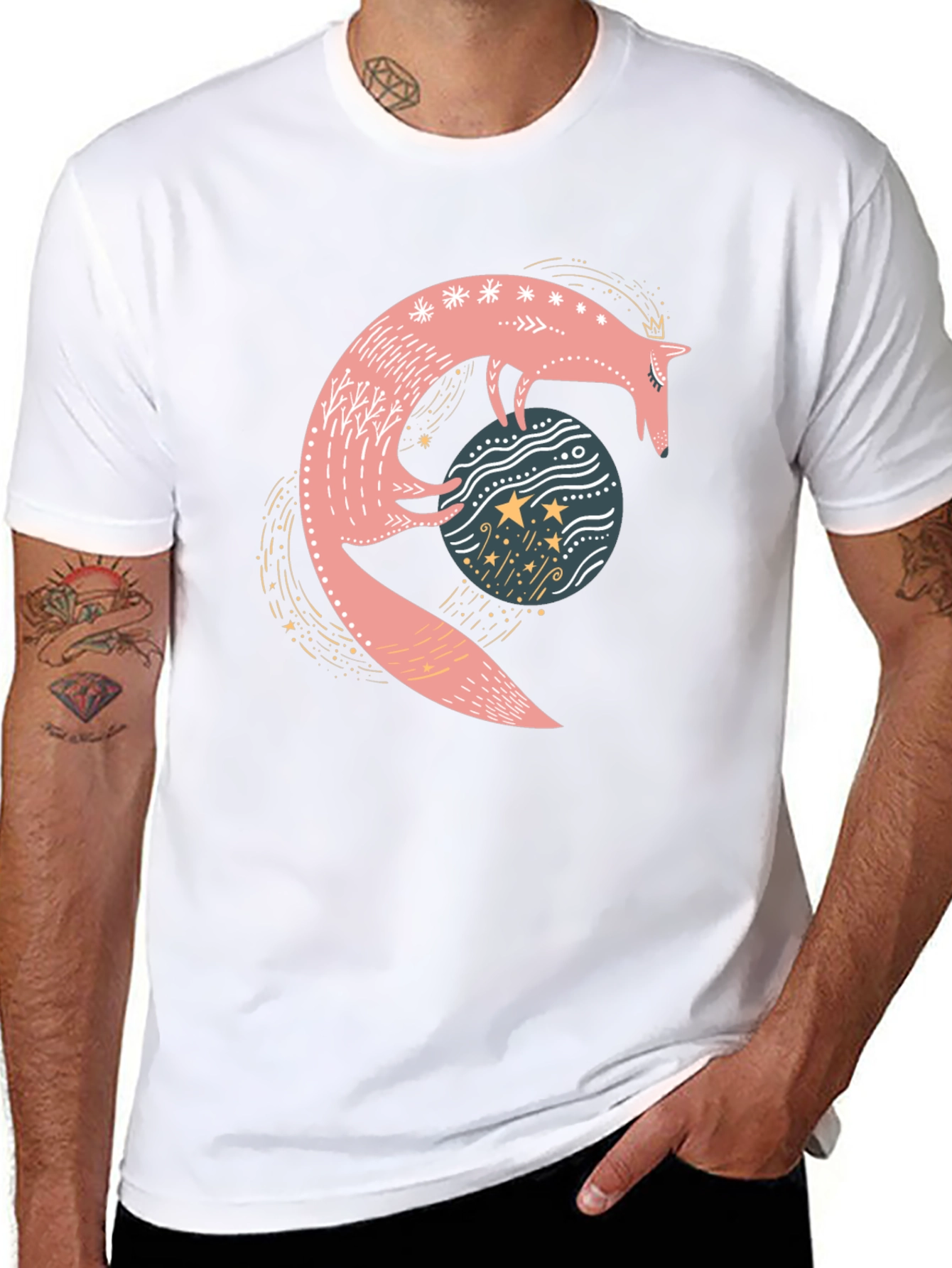 Whimsical Fox & Planet Black T-Shirt