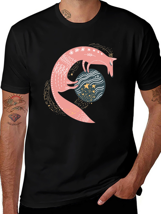 Whimsical Fox & Planet Black T-Shirt