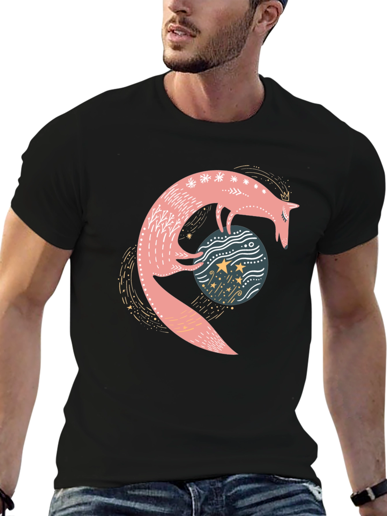 Whimsical Fox & Planet Black T-Shirt