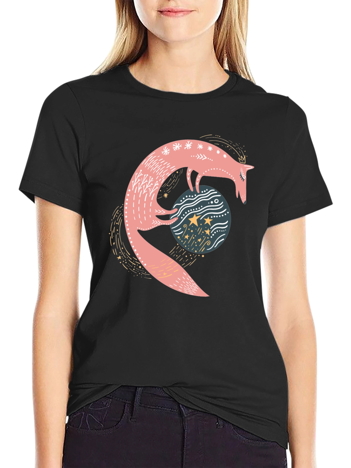 Whimsical Fox & Planet Black T-Shirt