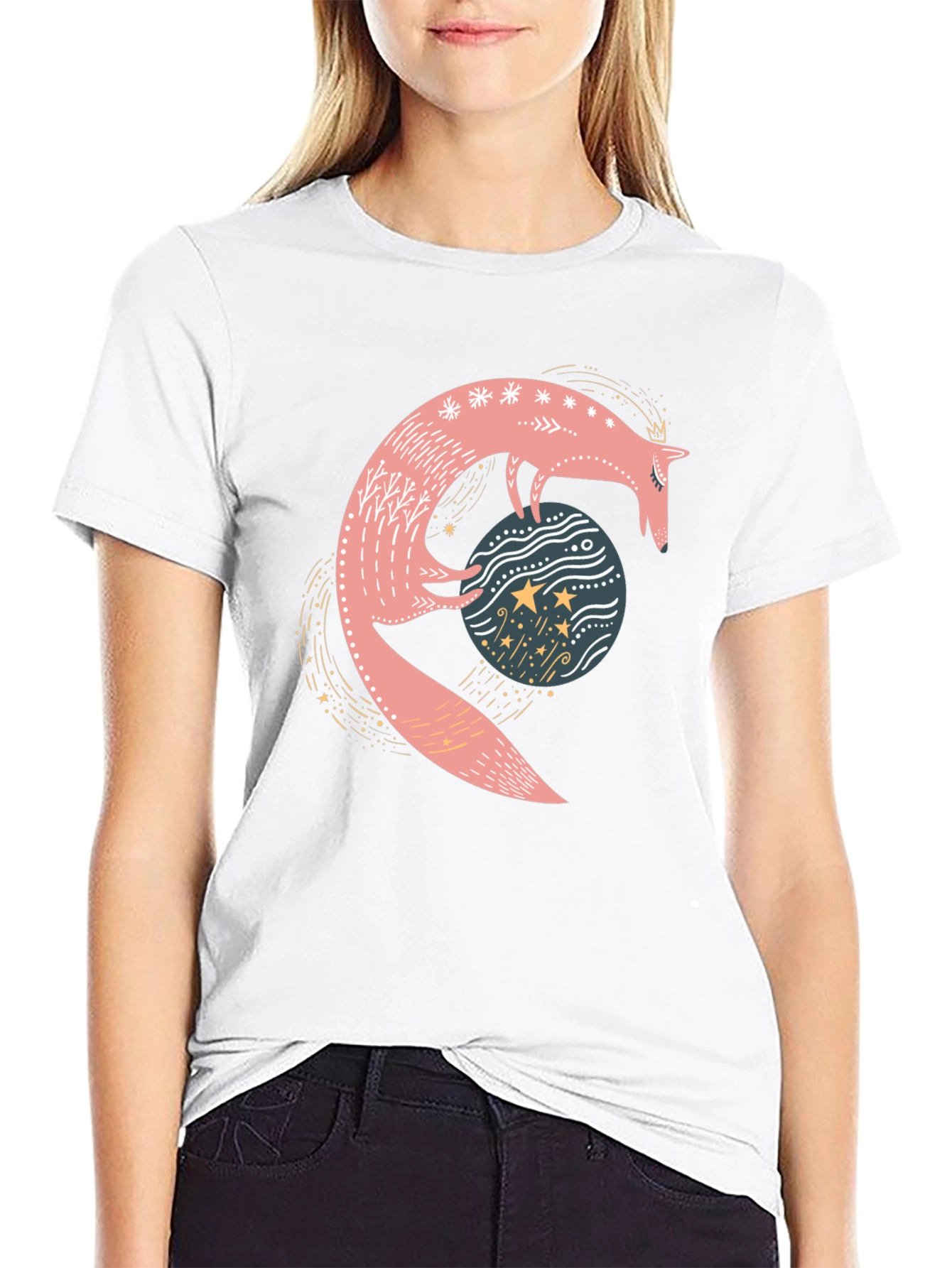 Whimsical Fox & Planet Black T-Shirt