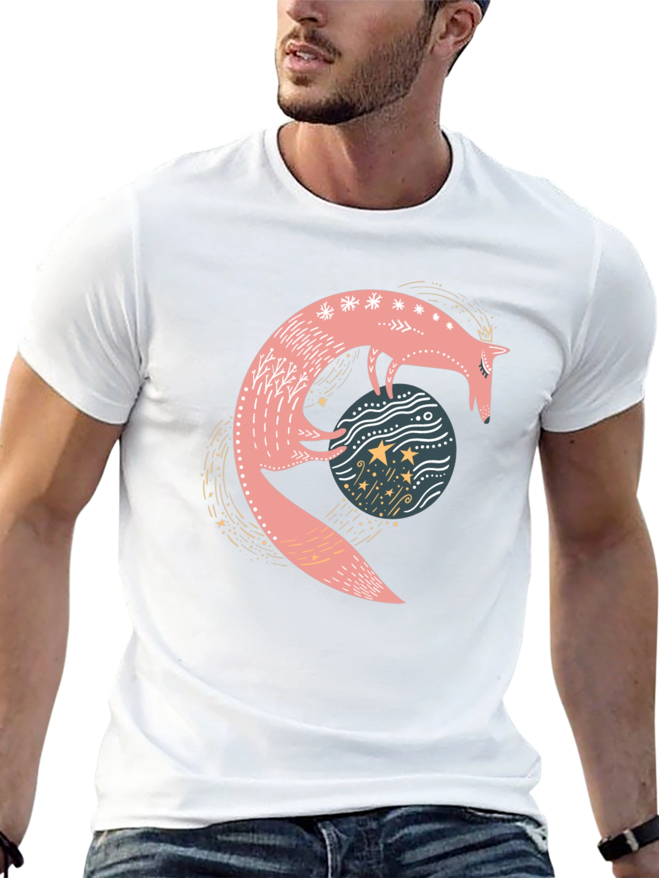 Whimsical Fox & Planet Black T-Shirt