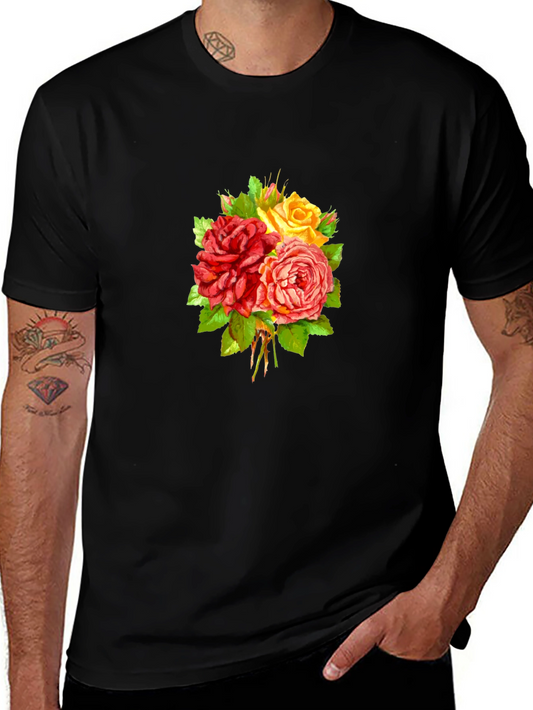 Floral Roses Graphic Tee - Black Cotton Casual Wear