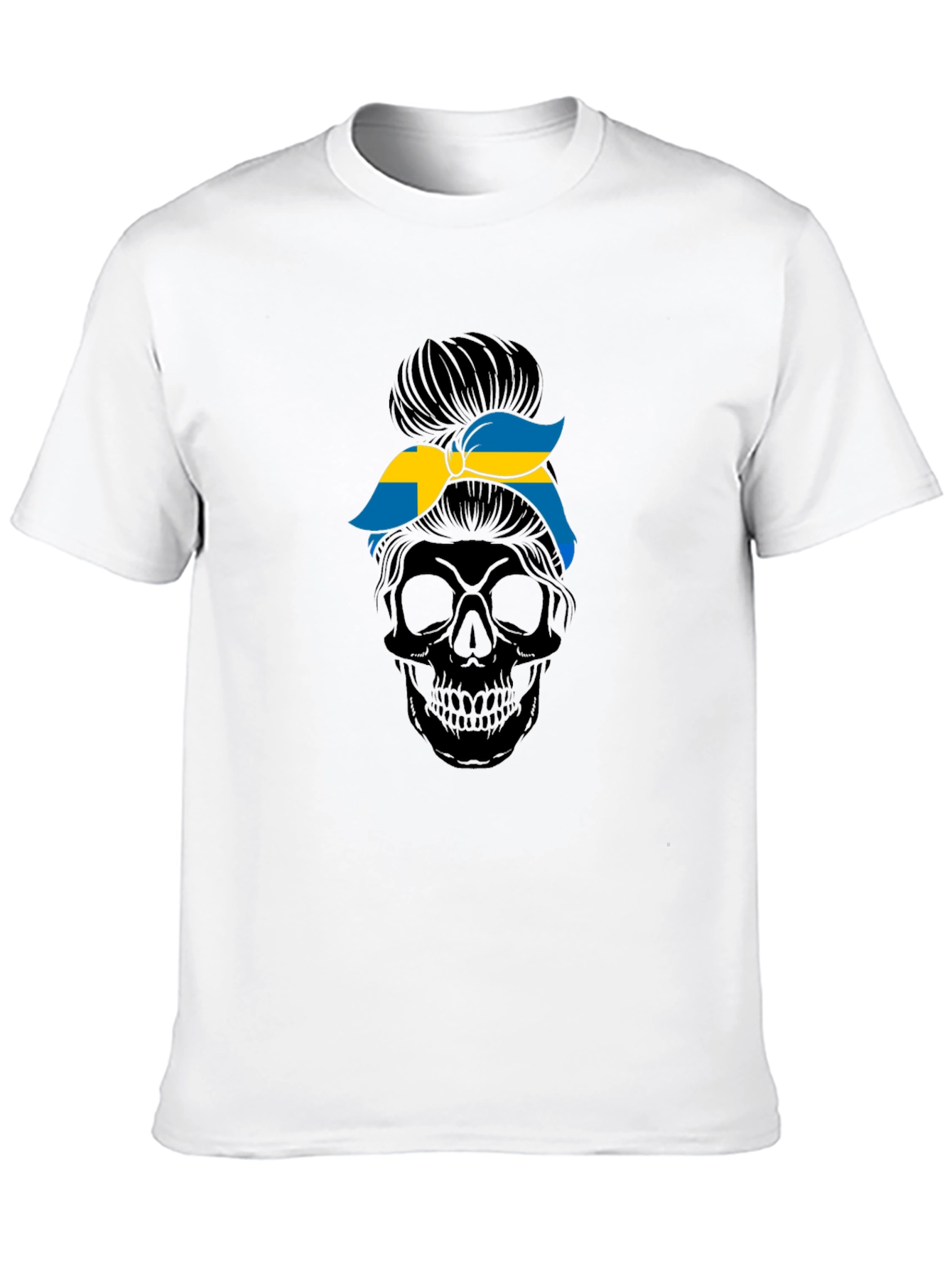 Sweden Flag Skull Messy Bun T-Shirt