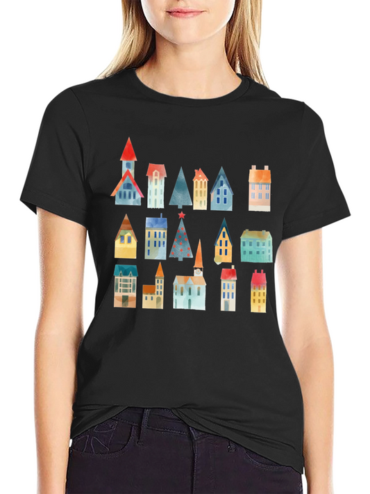 Colorful Watercolor Houses Graphic Tee