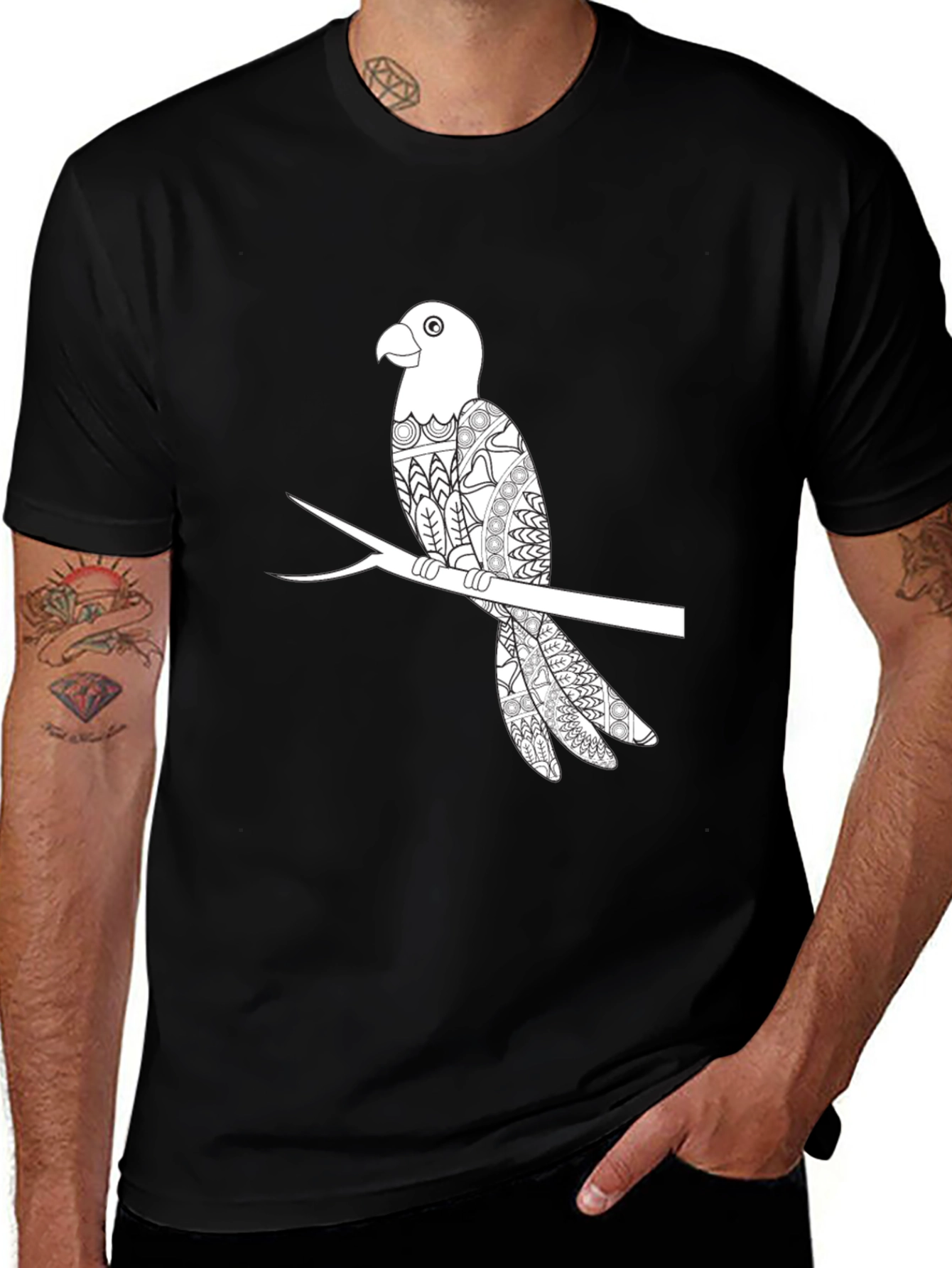 Mens Black Parrot Graphic T-Shirt