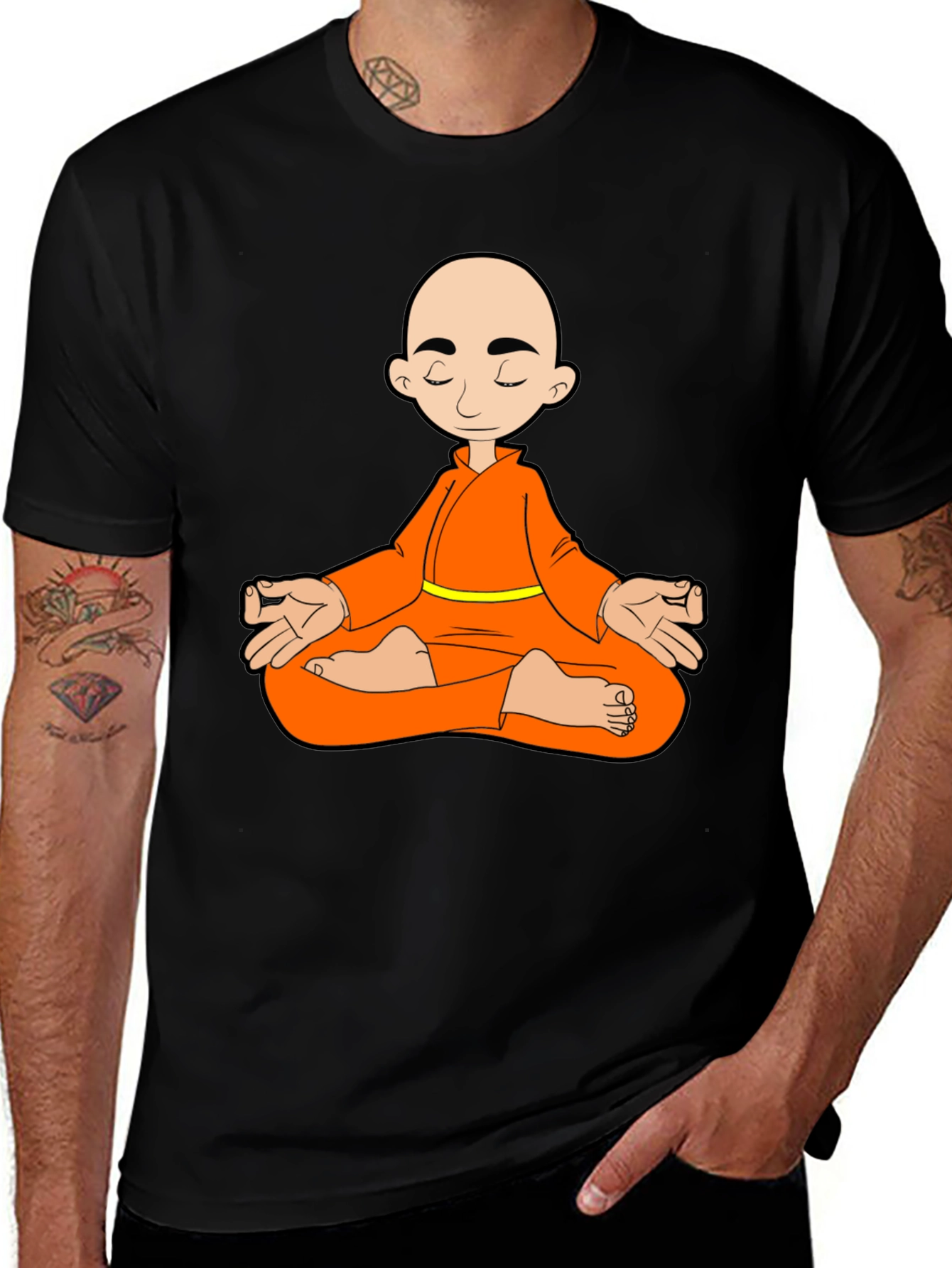 Meditating Monk Graphic T-Shirt - Black Cotton Blend