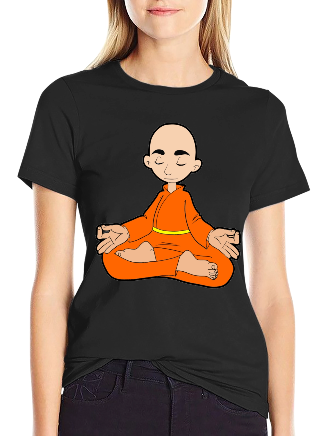 Meditating Monk Graphic T-Shirt - Black Cotton Blend