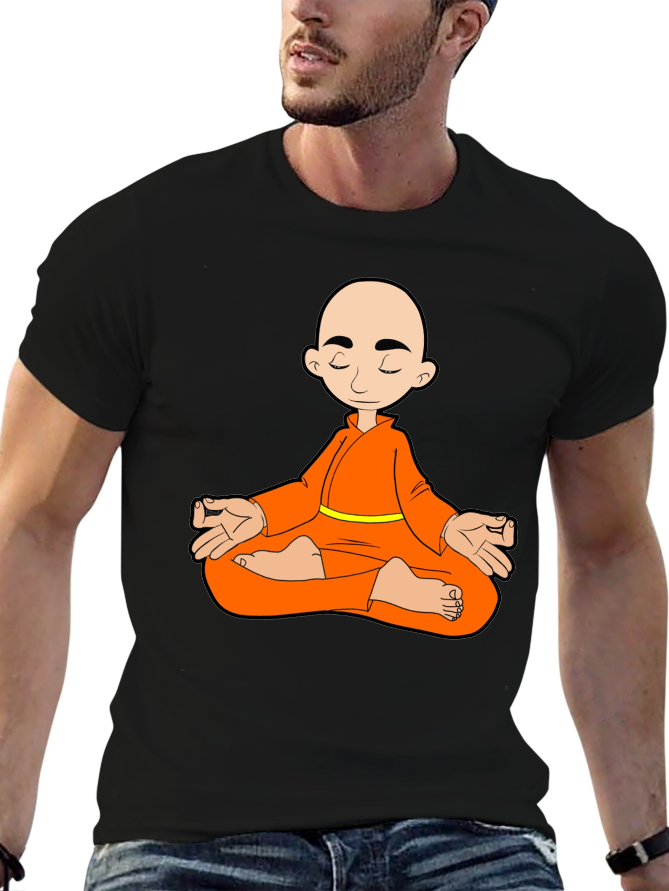 Meditating Monk Graphic T-Shirt - Black Cotton Blend