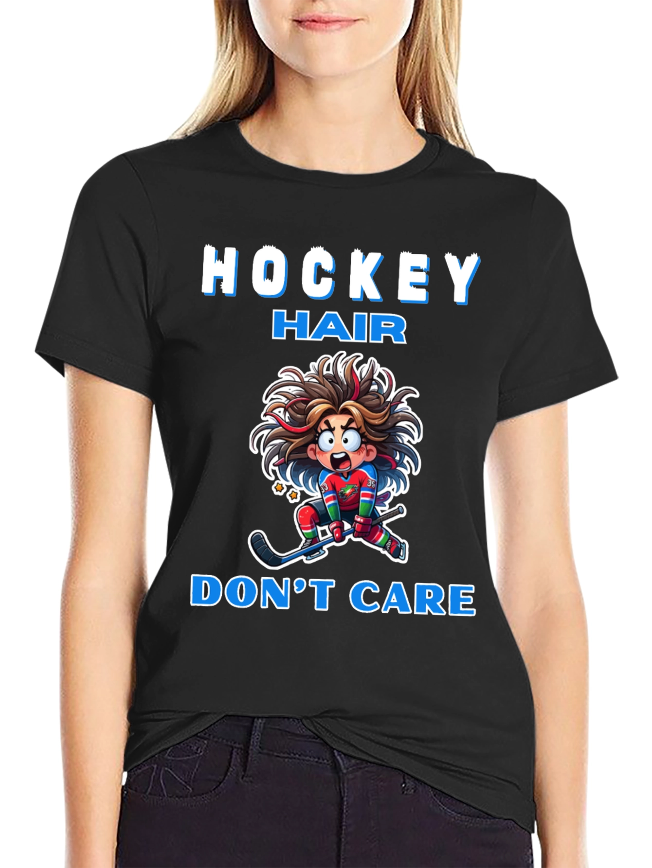 Hockey Hair Dont Care Graphic T-Shirt
