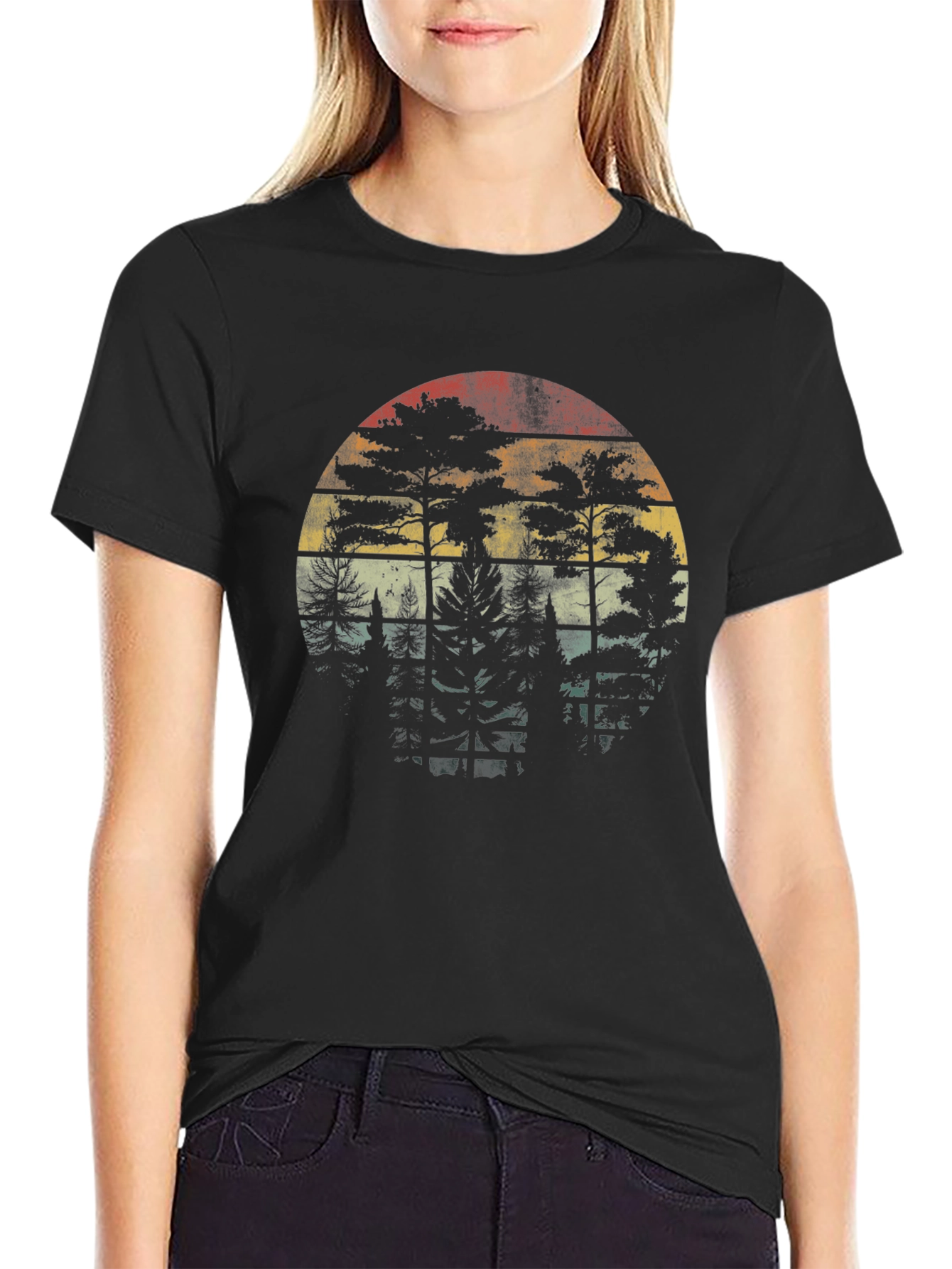 Retro Forest Sunset Graphic Tee - Black