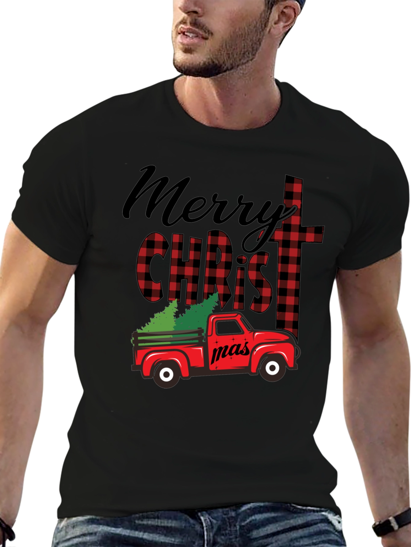 Merry Christmas Truck Buffalo Plaid T-Shirt