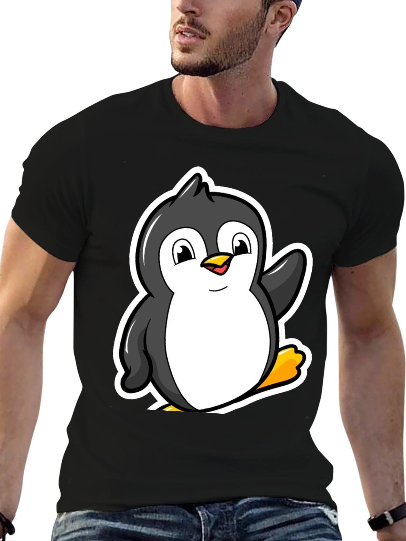 Cartoon Penguin Graphic T-Shirt - Black