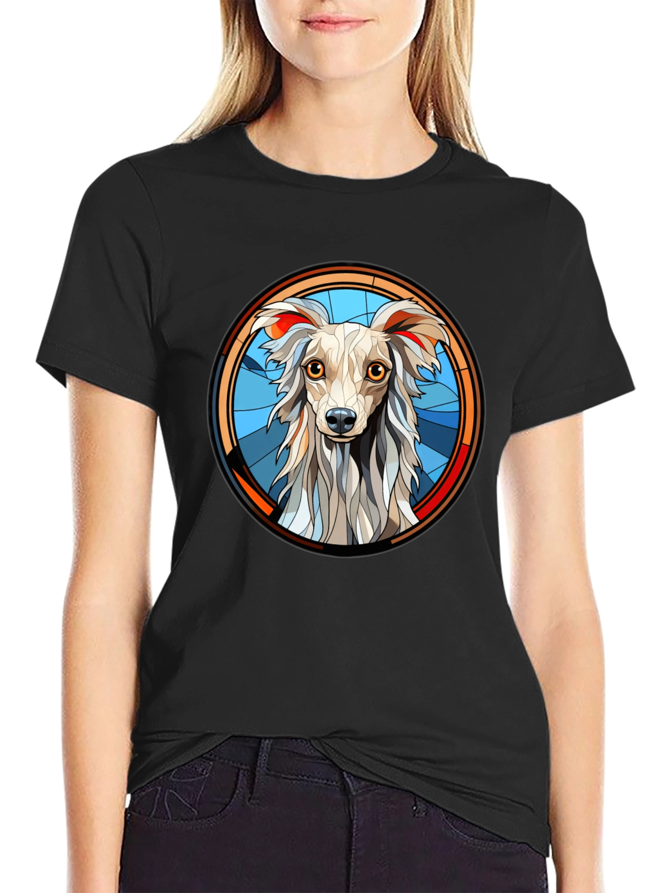 Dog Graphic Tee Stained Glass Style Mens Black T-Shirt