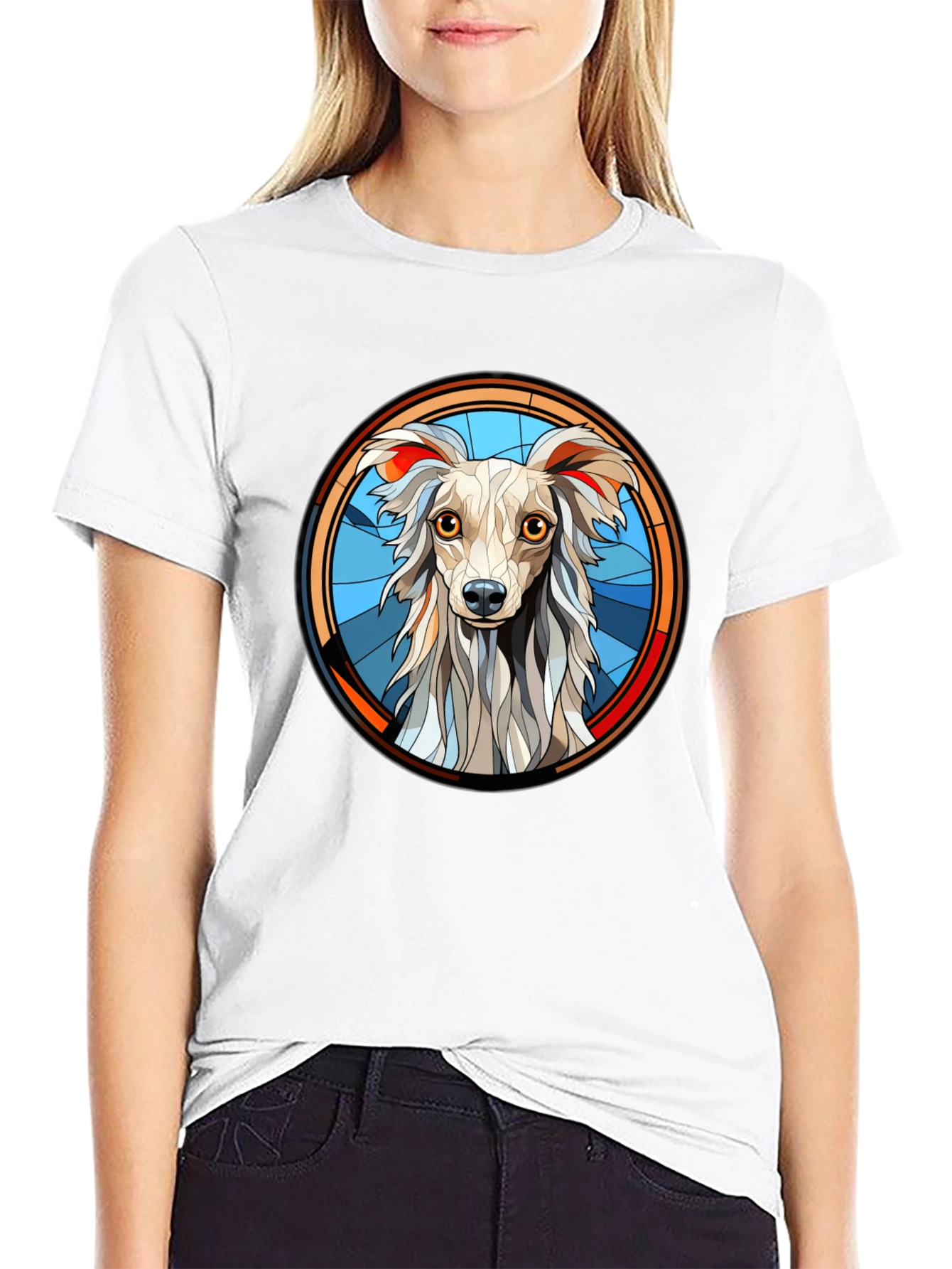 Dog Graphic Tee Stained Glass Style Mens Black T-Shirt