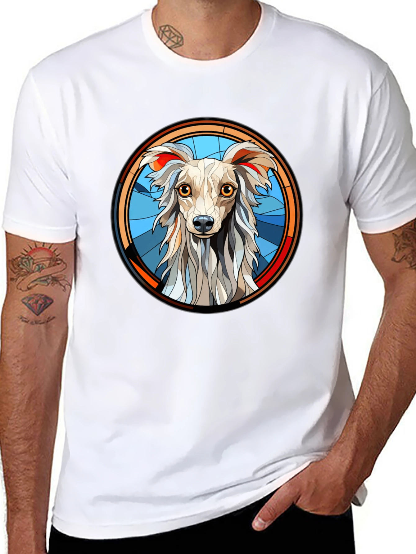 Dog Graphic Tee Stained Glass Style Mens Black T-Shirt