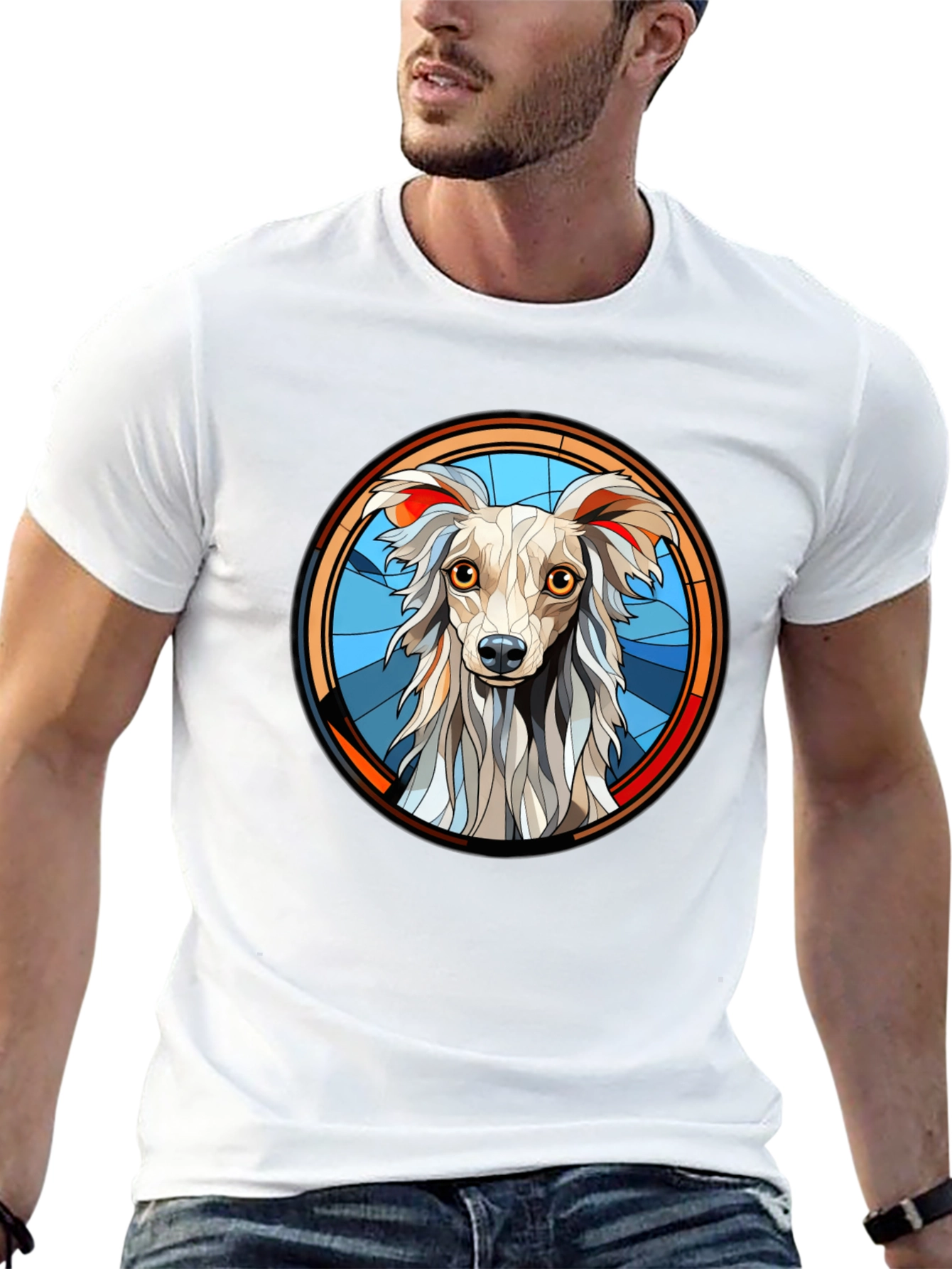 Dog Graphic Tee Stained Glass Style Mens Black T-Shirt