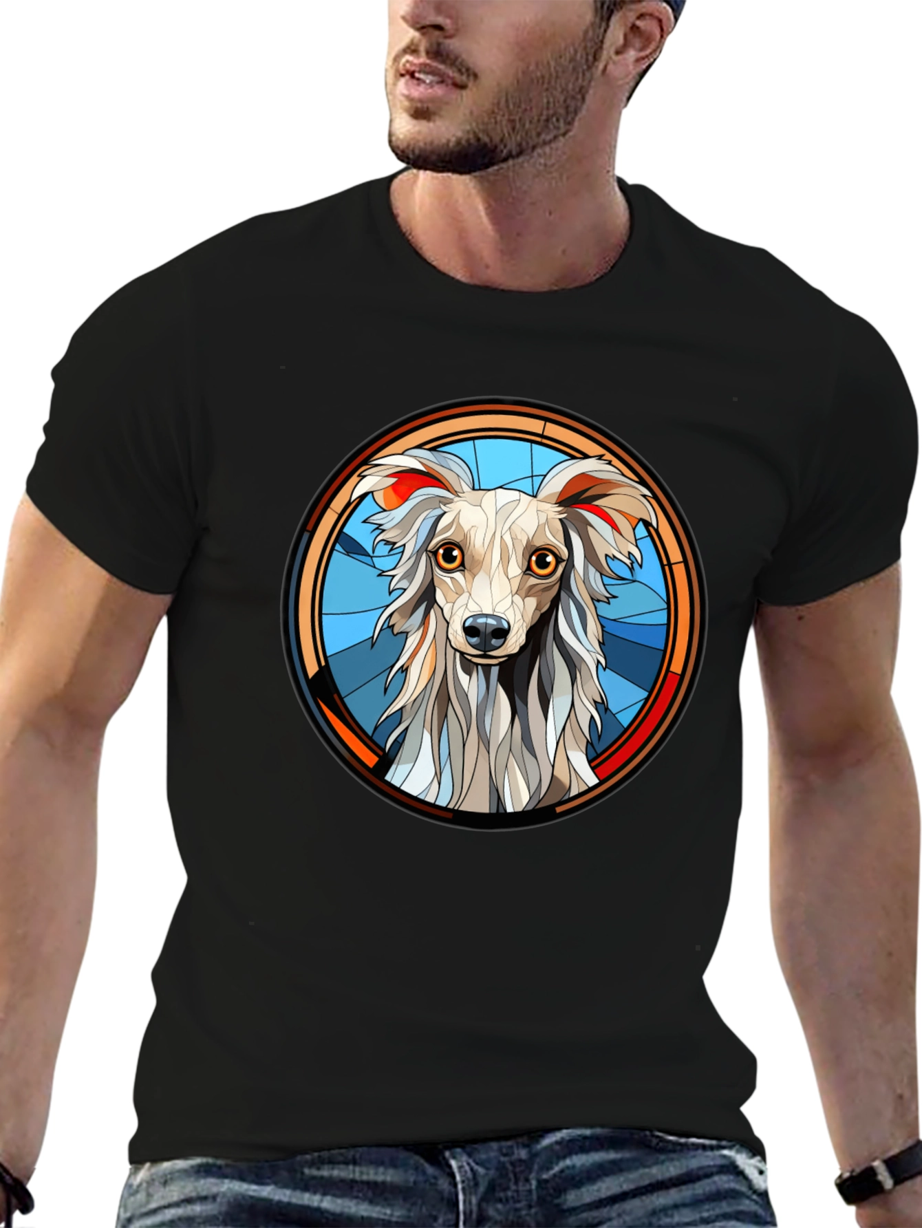 Dog Graphic Tee Stained Glass Style Mens Black T-Shirt