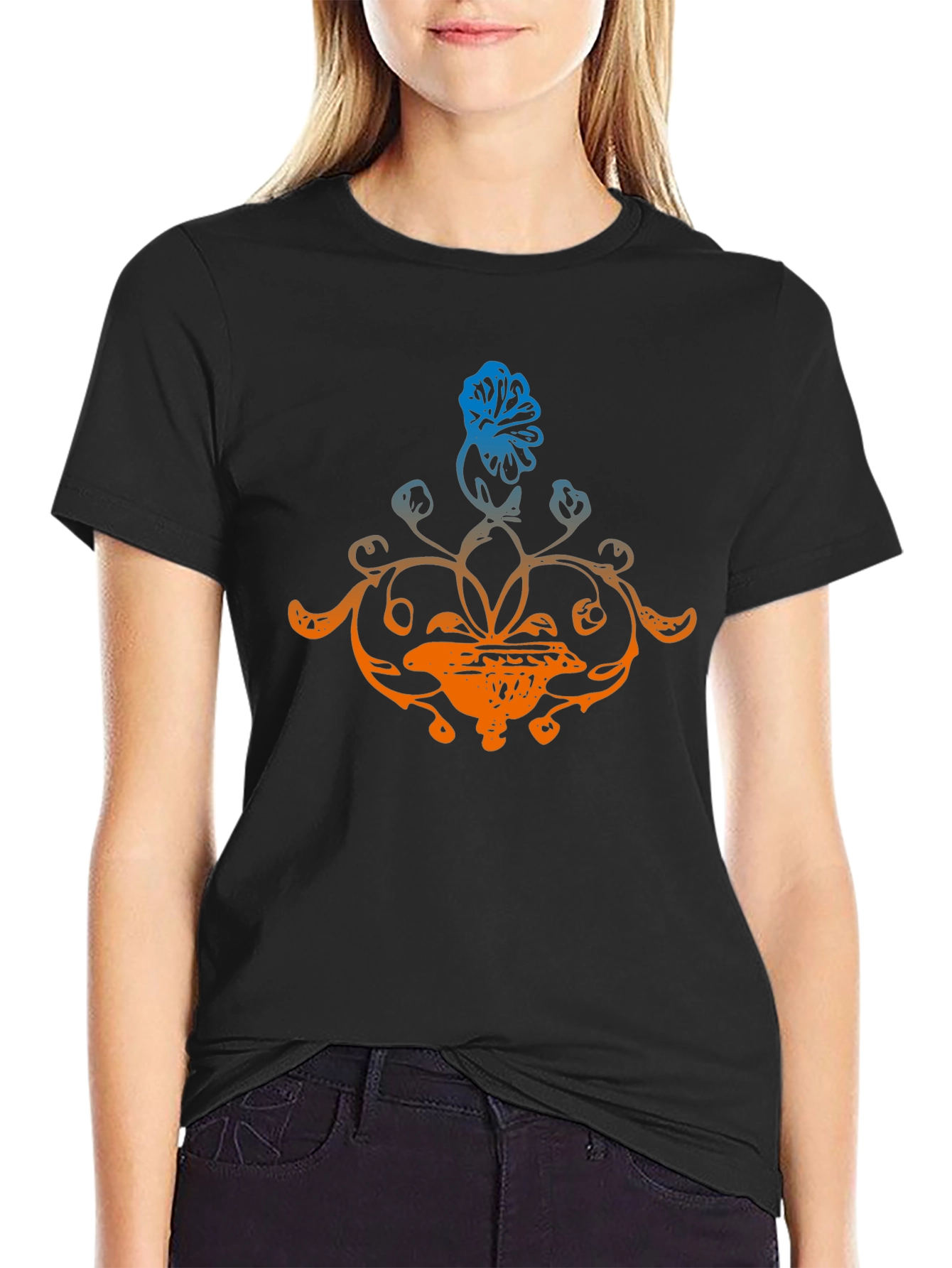 Floral Design Black T-Shirt