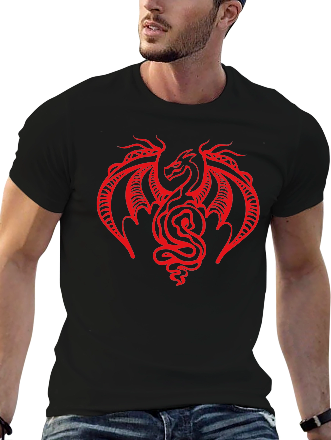 Black T-Shirt with Red Dragon Graphic