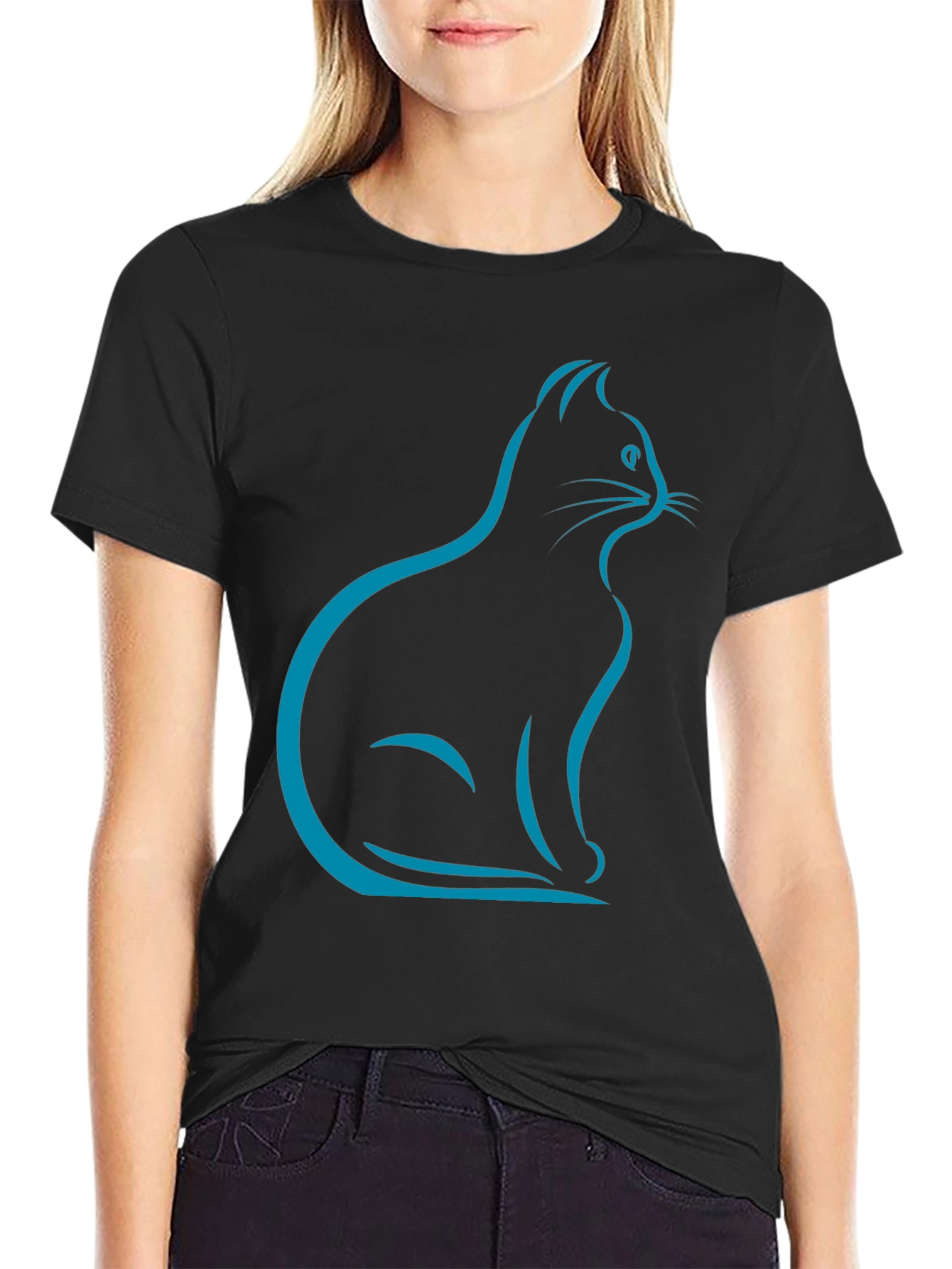 Stylish Cat Silhouette T-Shirt - Black