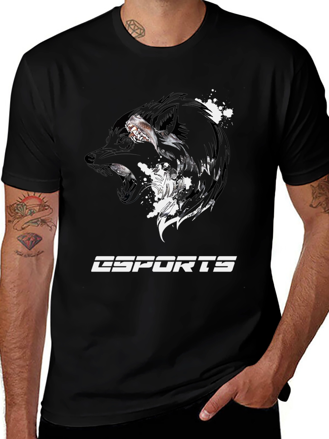 Esports Wolf Graphic Tee - Black Cotton T-Shirt