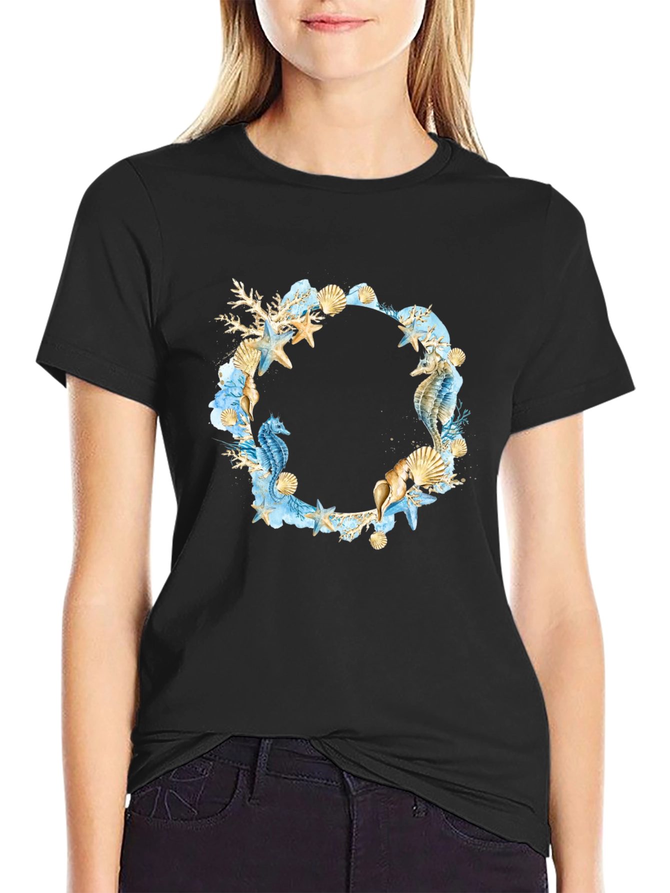 Sea Life Wreath Black T-Shirt