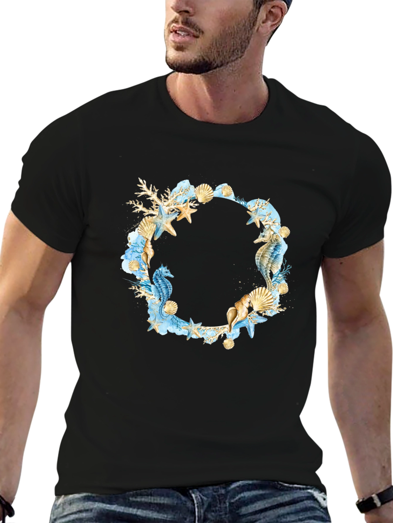 Sea Life Wreath Black T-Shirt