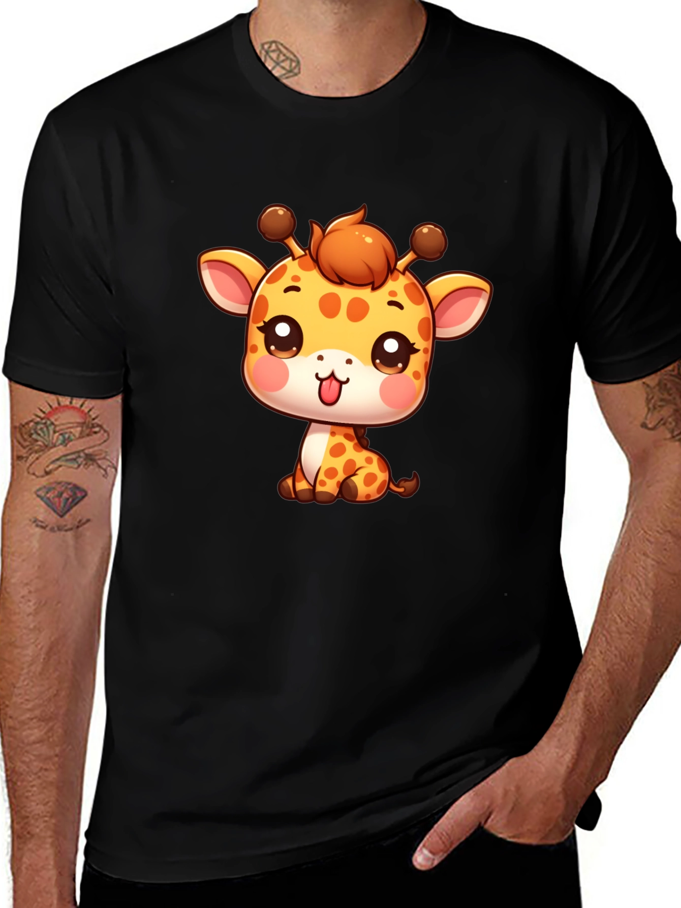 Cute Giraffe Cartoon Black T-Shirt