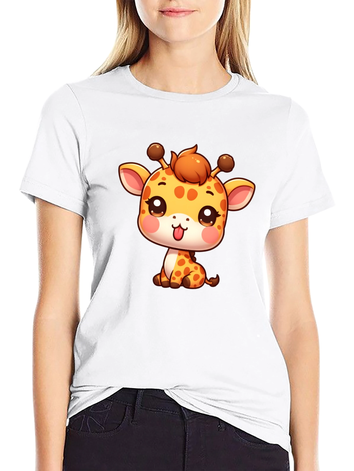 Cute Giraffe Cartoon Black T-Shirt