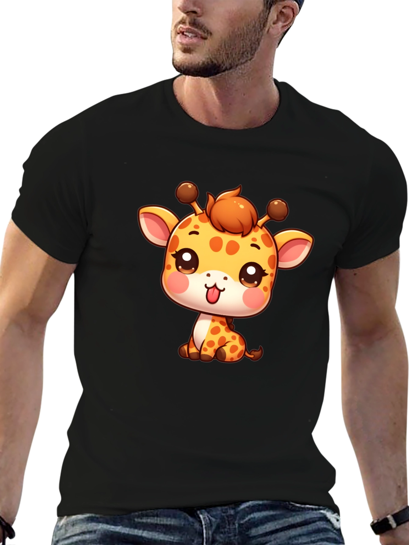 Cute Giraffe Cartoon Black T-Shirt