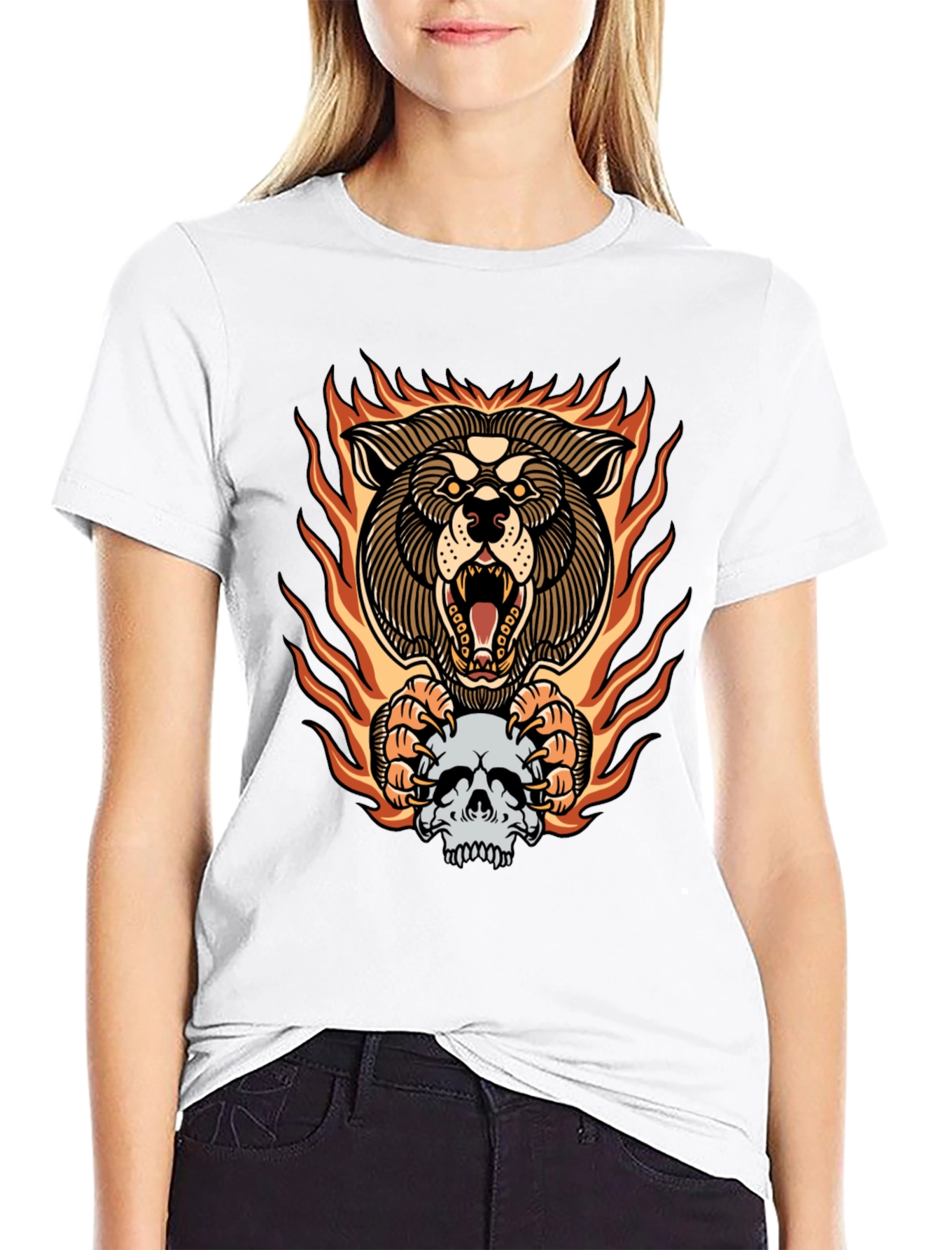 Fiery Wolf Skull Graphic Tee - Bold Black T-Shirt