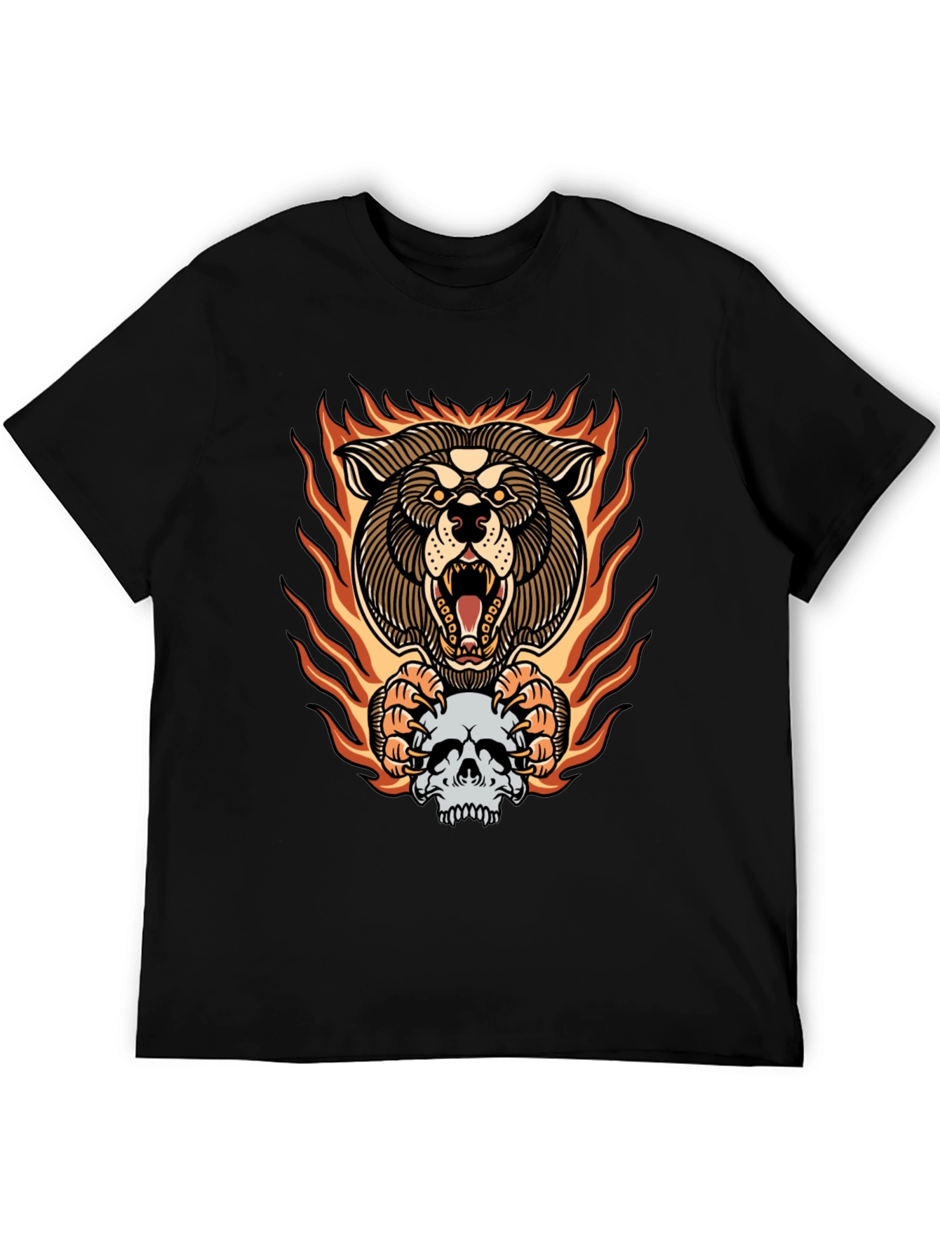 Fiery Wolf Skull Graphic Tee - Bold Black T-Shirt